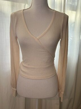 Hollister Cream Ribbed Wrap V-Neck Long Sleeve Top
